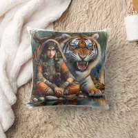 Native American Woman With Tiger by River at Dusk Throw Pillow