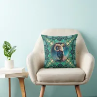 Unique Aries Zodiac Green Blue Peacock & Fractals Throw Pillow