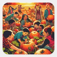 Kids having Fun at the Pumpkin Patch Halloween Square Sticker