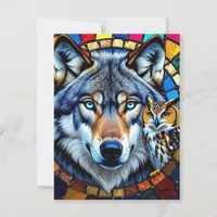 Mosaic Style Owl and Wolf | Keeping in Touch Postcard