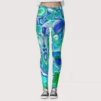 Blue and Green Marble Fluid Art Abstract Leggings