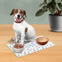 Colorful Paw Prints Dog's Name in Bone Placemat