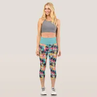 Tropical Palm Tree Beach Colorful Summer Capri Leggings
