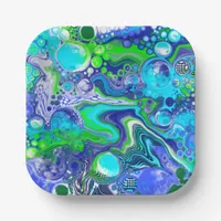 Blue and Lime Green Marble Swirls Birthday Party  Paper Plates