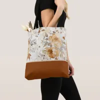 Cozy Autumn Floral Botanical Print Color Block Tote Bag