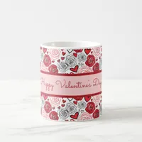Doodle Art Style Red Pink Roses Hearts Valentine's Coffee Mug