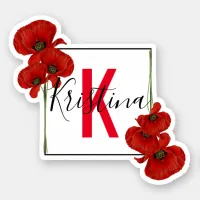 Elegant Square Frame of Red Poppies Monogrammed Sticker