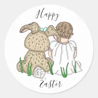 Happy Easter | Little Girl and Easter Bunny Classic Round Sticker