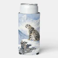 A Snow Leopard on Snowy Peak Personalized Seltzer Can Cooler
