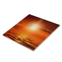 Tranquil Sunset Orange Golden Sky Over Sea Ocean Ceramic Tile