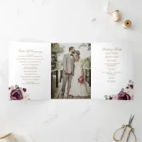 Elegant Modern Plum Gold Botanical Floral Wedding  Tri-Fold Program