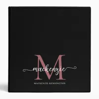 Chic Black Pink Rose Gold Monogram 3 Ring Binder