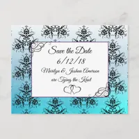 Aqua Blue Damask Wedding Save the Date Postcard