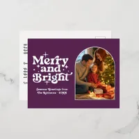 Deep Plum and Silver Merry & Bright Retro Xmas Foil Holiday Postcard