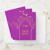 Monogrammed Gold Trees with Birds on Purple | Pocket Folder