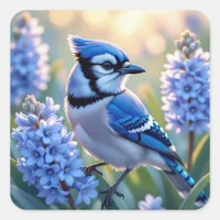 Pretty Blue Jay and Lilacs AI Illustration Square Sticker