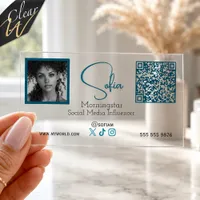 Teal Blue Photo QR Code  Social Media Influencer Clear Business Cards