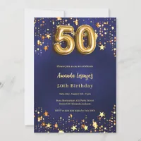50th birthday navy blue gold stars invitation