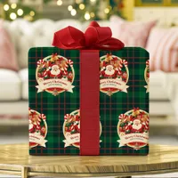 Merry Christmas Cute Santa Green Plaid Custom Name Wrapping Paper