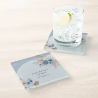 Rustic Elegant Boho Dusty Blue Pampas Wedding Glass Coaster