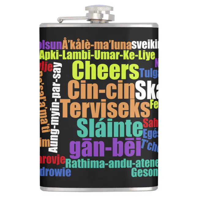 Colorful Cheers Toast in Many Languages Word Cloud Hip Flask