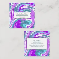Purple Teal and White Marble Swirls Square Business Card