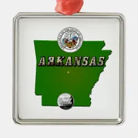 Arkansas Map, Seal and State Faux Quarter Metal Ornament