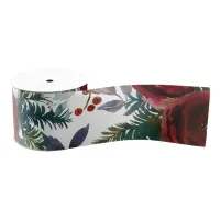 Burgundy Roses, Pine, Holly Christmas Floral Grosgrain Ribbon