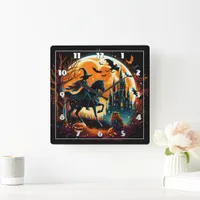 Spooky witch riding a horse under a full moon square wall clock