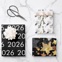 Happy New Year 2026 Black White Gold Confetti  Wrapping Paper Sheets