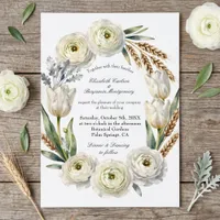 Watercolor White Floral Dried Wheat Fall Wedding Invitation