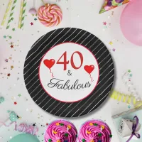 40 & Fabulous Red 40th Birthday Black White Stripe Paper Plates