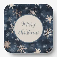 Simple Dark Blue with Snowflakes Paper Plates