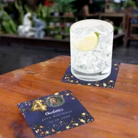 40th birthday navy blue gold stars photo square paper coaster