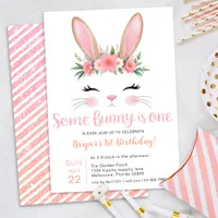 Pink Glitter Bunny Floral First Birthday Invitation