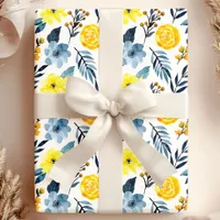 Watercolor Navy Yellow Boho Floral Flower Wrapping Paper