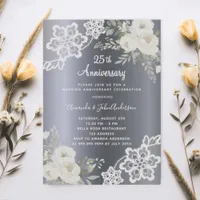 Silver white florals 25th wedding anniversary invitation