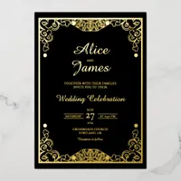 Mandala Border Black Gold Foil Wedding Invitation