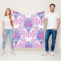 Boho Peacock Feather Jewel Tone-Neon Pink Fleece Blanket