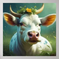 Cute White Ai Cow with Horns and Flowers Poster