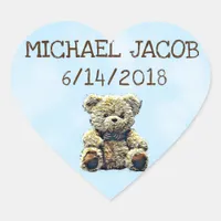Personalized Blue Baby Teddy Bear Announcement Heart Sticker
