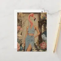 Surreal Flamingo Woman Wearing Blue Postcard