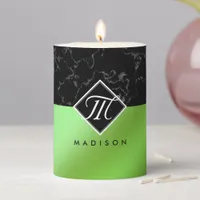 Elegant Black Marble & Lime Green Foil Monogram Pillar Candle