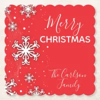 Merry Christmas White Snowflakes on Red  Paper Coaster