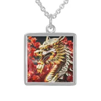 Fire breathing dragon gold head sterling silver necklace