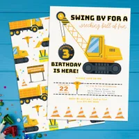 3rd Birthday Construction Crane Invitation 