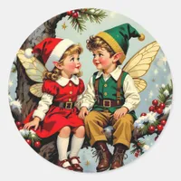Cute Vintage Elven Fairy Children Christmas Classic Round Sticker