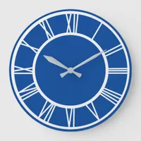 White Roman Numeral Pattern Border Deep Blue Round Large Clock