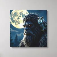 Bigfoot with Glowing Eyes and Owl on his Shoulder  Canvas Print