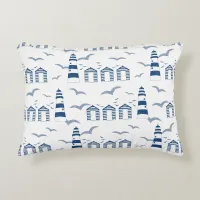 Seaside Beach Huts and Lighthouses Blue and White Accent Pillow